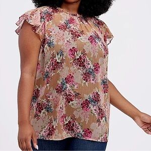 Torrid Flutter Sleeve Chiffon Crinkle Neckline Floral Blouse Rose Plus 1X Sheer